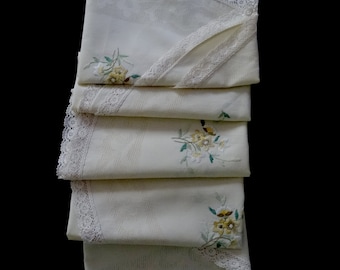 Vintage hand embroidered large round tablecloth - cream tablecloth with yellow, white and green embroidered flowers - 57 inches / 145cm