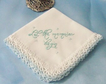 Wedding Handkerchief, Something Blue, Bridal Keepsake, Hand Crochet, Hand Embroidered, Lace, Ready to ship
