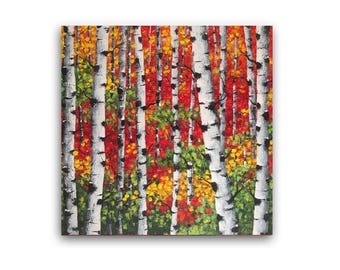 Aspen tree painting, Birch Trees Painting, Canvas Wall Art, Colorful art, Abstract landscape, Bohemian decor, home decor