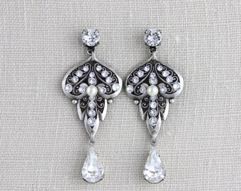 Bridal earrings, Art Deco earrings, Wedding earrings, Bridal jewelry, Crystal earrings, Vintage style earrings, Antique silver earrings