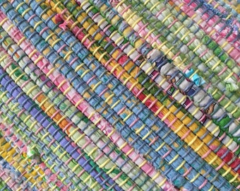 Hand Woven Rag Rug Scrappy Pastel Cotton 26" x 62"