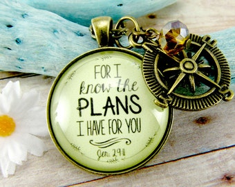 For I Know the Plans I Have For You Jeremiah 29 11 Necklace Rustic Christian Faith Jewelry Young Adult Graduation Gift Idea Compass Charm