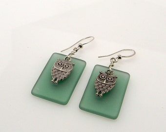 Beach glass jewelry earrings with owl charms.