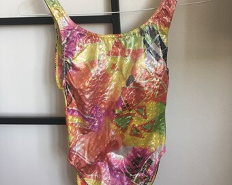90s multi-coloured holographic swimming costume