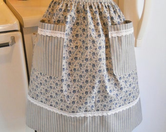 Old Fashioned Half Apron in Navy Floral Ticking and Lace