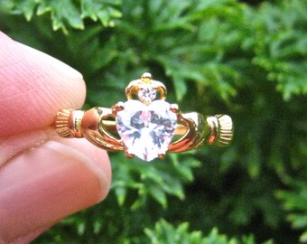 Vintage Yellow Gold over 925 Sterling Silver CZ Claddagh Ring