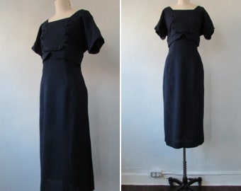 1960s dress | vintage 60s dress | vintage dress | vintage wiggle dress | navy blue vintage 1960s dress | medium |The Kay Carter Wiggle Dress