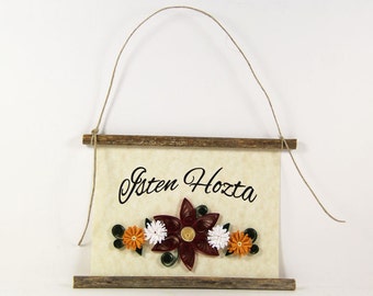 Isten Hozta, Hungarian Welcome, Paper Quilled Welcome Sign, 3D Quilled Banner, Red White Gold Decor, Hungary Gift, Rustic Decor