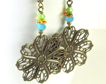 Large Boho Earrings - Filigree Earrings, Brass Earrings, Turquoise Earrings, Lightweight Earrings