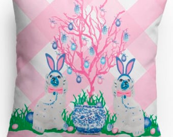 Staffordshire Dog Spaniel Ginger Jar Blue White Easter Bunny Spring Pillow Chinoiserie Palm Beach Porcelain Bows Buffalo Check Eggs