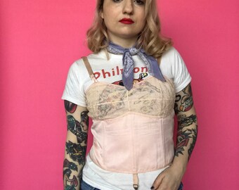 30s 40s Bustier / 1930s Longline Bra / 1940s Lace Up Corset Pink