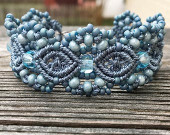 Micro-Macrame Cuff Bracelet. Modern Macrame. Beaded Cuff. Blue Bracelet. Light Blue Macrame Cuff. Statement Jewelry. Boutique Fashion Piece.