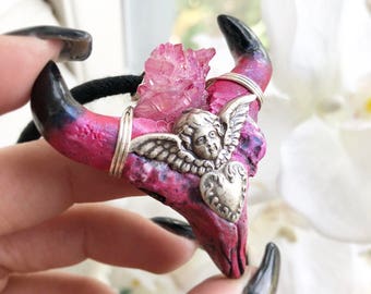 On Wings Of An Angel - Pink Angel Aura Quartz w/ Vintage Adornments - Enlightened Longhorn Necklace
