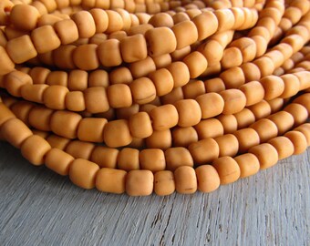 Sand orange glass seed bead, matte barrel tube, small rustic ethnic spacer , indonesian 3 to 6mm, new indo-pacific (22 inches)7ab29-5