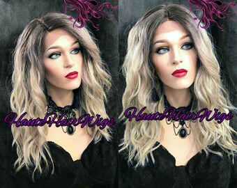Ombre Ash Mix Blonde Wavy Human Hair Blend Lace Front Wig - Stephanie