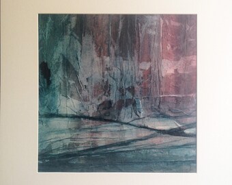 Original painting, abstract landscape, ink and collage on canvas with cardboard