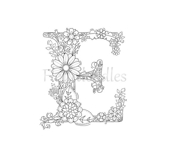 Adult Coloring Page Floral Letters Alphabet E Hand