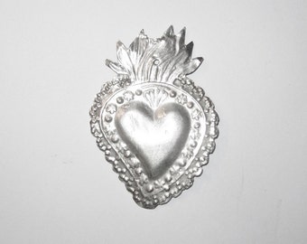 Flaming Sacred Heart Ex Voto Sterling Silver Milagro 1920-40 Large Size