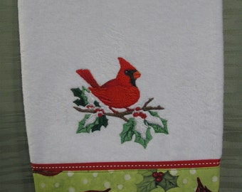 Handmade embroidered Cardinal hand towel