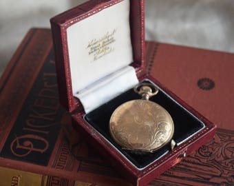 Antique Pocket Watch Presentation Box, Leather Brooch Box, Push Button Release Jeweler Box, Gift for him under 50, Heirloom Display box