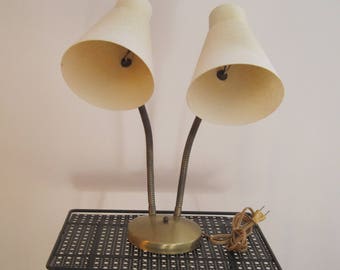 Double Goose Neck, Desk Lamp,Fiberglass Shades, Off White, Gold Tone Base, Vintage, Mid Century