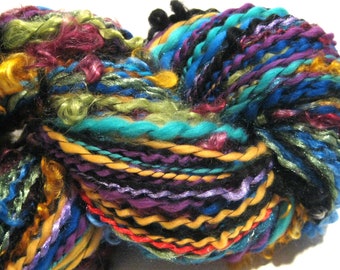 Handspun Yarn Random Acts of Fiber 200 yards rainbow black handdyed merino wool mohair locks art yarn spiral plied knitting supplies crochet