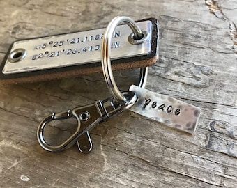 Men's Leather Keychain Personalized GPS Coordinates Longitude Latitude Hipster Personalized Gift