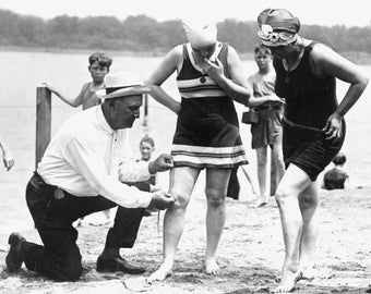 1922 Beach Cop Measuring Swim Suits Vintage Photograph 8.5" x 11" Reproduction