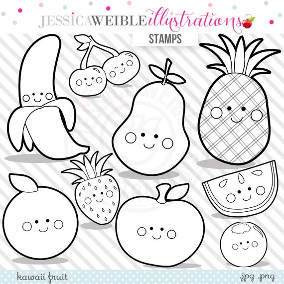 kawaii fruit digital stamps fruit blackline cute fruit