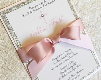 Baptism Invitation Girl Baptism Glitter Invitation Blush and Champagne Glitter