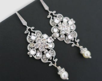 Bridal Earrings Vintage, Wedding Earrings Chandelier, Pearl Dangle Earrings, Wedding Jewelry for Brides, Sterling Silver, Swarovski Pearl