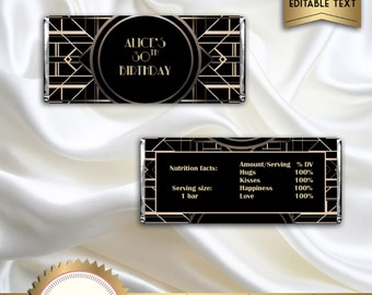 Great Gatsby Art Deco Candy Bar Wrappers, Birthday Candy Wrapper, Black and Gold - Digital File - EDITABLE text - DOWNLOAD Instantly