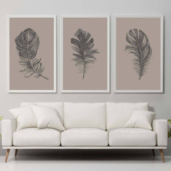 Set Of 3 Feather Print Feathers Brown Wall Art