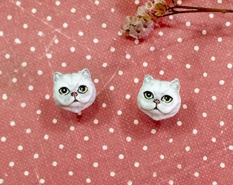 White Persian cat earrings, Cat stud earrings, tiny cat earrings, cat sculpture, Polymer clay cat, cat lover gifts