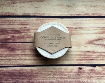 Unbleached cotton zero waste plastic free facial flannel makeup cloths eco alternative compostable 10 pads.