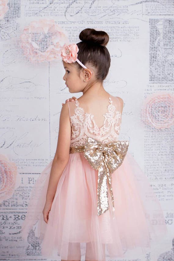 Gold & pink dress Christening dress flower girl Sequin