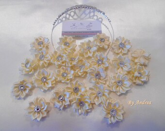 5 x satin flowers, off-white, ivory, white with Rhinestones.