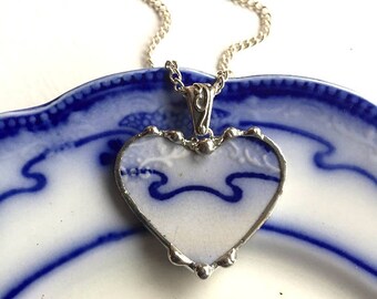 1880's Broken China Jewelry Heart Pendant necklace antique, Art Nouveau, Victorian flow blue china, recycled china, Dishfunctional Designs