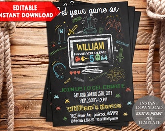 INSTANT DOWNLOAD-Video Game Invitation, Gaming Invitation, Video Game Party, Video Game Truck Invite, Birthday, Arcade, Digital, PDF Invite