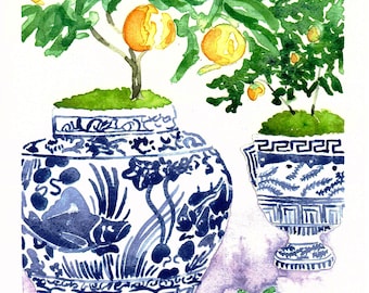 Citrus Trees and Blue Ginger Jars on a Light Lavender Table Cloth