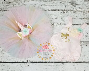 Unicorn Birthday Outfit, Unicorn headband, Unicorn pink mint and gold tutu set, Unicorn Romper, Rainbow unicorn set, Unicorn Girls Costume