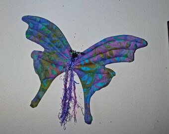 Whimsical fabric sculpted butterfly wall accent, Swarovski crystal body