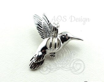 Pick A Pearl Cage Necklace Silver Plated Hummingbird Bird Flying Locket Charm Holds Beads