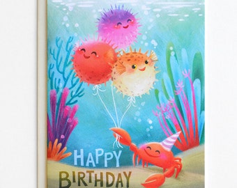 Blowfish Birthday Card - Happy Birthday Card, Kids Birthday Card, Cute Birthday Card, Sea Birthday, Children's Birthday