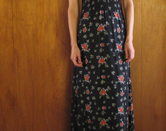 1970s black floral maxi dress, s - m