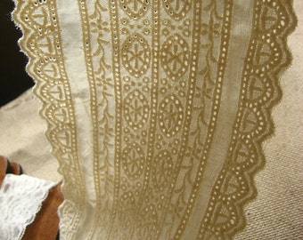 ivory lace trim, embroidered cotton lace fabric, antique lace trim, vintage lace fabric, hollowed trim, CMSR014