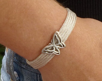 Silver Mesh Bracelet, Metal Knit Cord Bracelet, Silver Butterfly Bracelet, Butterfly Jewelry, Silver Bracelet, Magnetic Clasp Bracelet