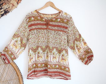 Vintage floral indian india cotton 70s style 90s boho top blouse S M