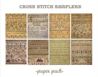ANTIQUE SAMPLERS - Digital Paper Pack -8 Vintage AbC Cross Stitch Sampler Printable Papers,Instant Download Digital Printable Paper crafts