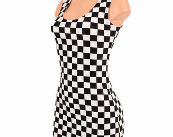 UV Glow Black & White Checkered Winners Flag Print Spandex Bodycon Clubwear Tank Style Mini Dress 150139